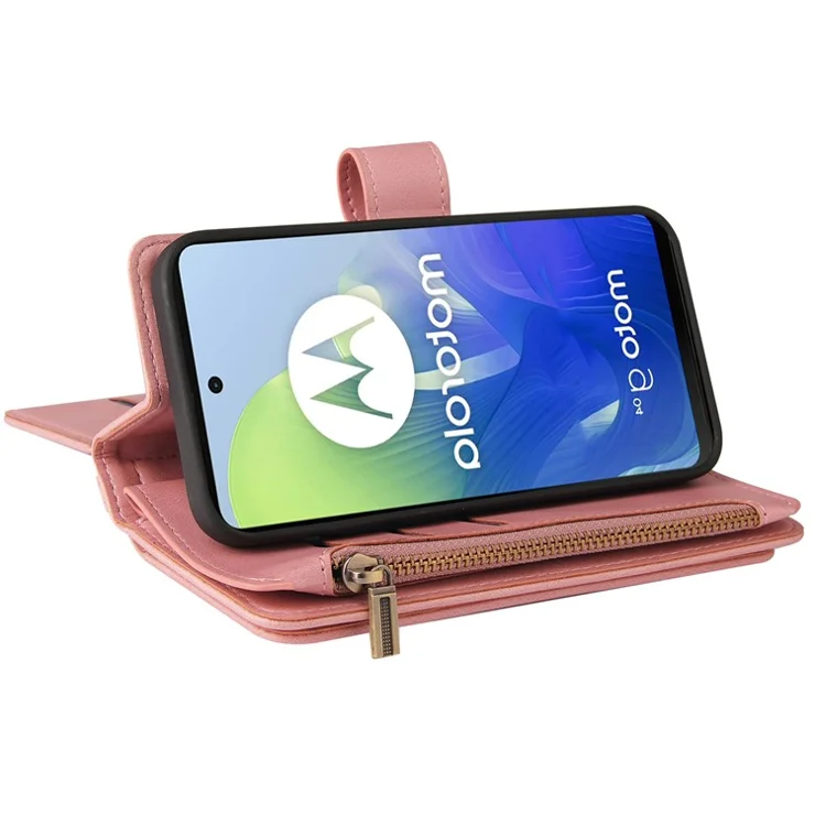 For Motorola Moto G04 4G / G04s 4G / G24 4G / E14 4G Zipper Wallet Case with 15 Card Slots and Strap Leather Phone Cover - Pink