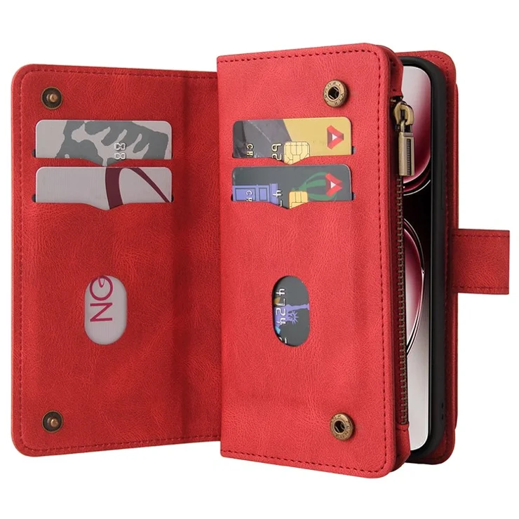 For Oppo Reno12 Pro 5G (Global) / (China) Zipper Wallet Case with 15 Card Slots and Strap Leather Phone Cover - Red