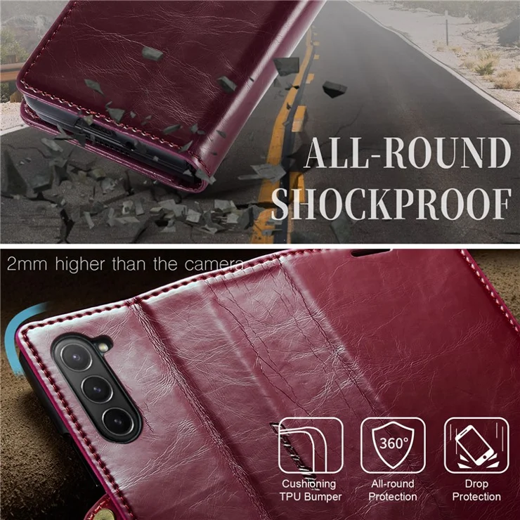 CASEME 003 Series For Samsung Galaxy Z Fold6 5G PU Leather Case Stand Retro Wallet Phone Cover - Wine Red