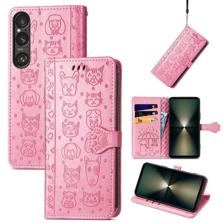 For Sony Xperia 1 VI Case Flip Wallet PU Leather Phone Cover Imprinting Cat Dog - Pink