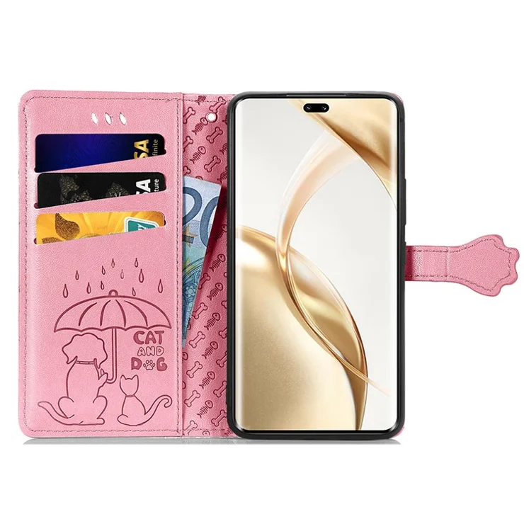 For Honor 200 Pro 5G Case PU Leather Cute Cat Dog Pattern Phone Wallet Cover - Pink