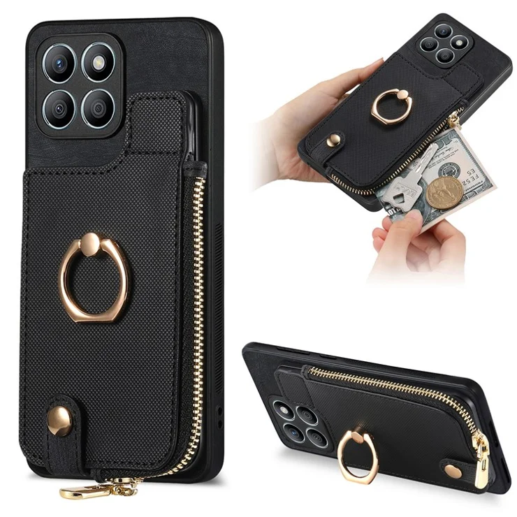 For Honor X8b 4G Case Leather+PC+TPU Phone Cover Card Holder Zipper Pocket Kickstand - Black