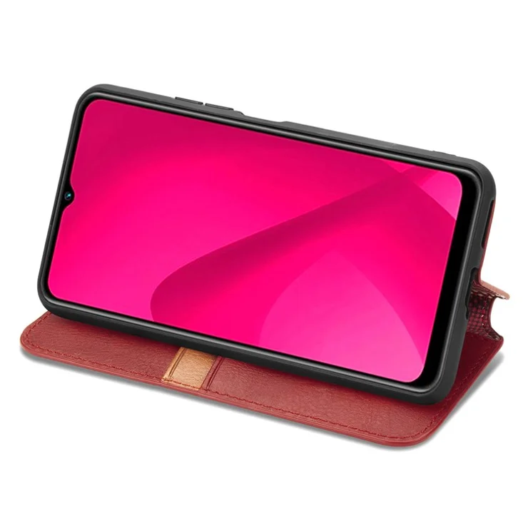 For T-Mobile REVVL 7 PU Leather Case Rhombus Imprint Wallet Stand Phone Cover - Red