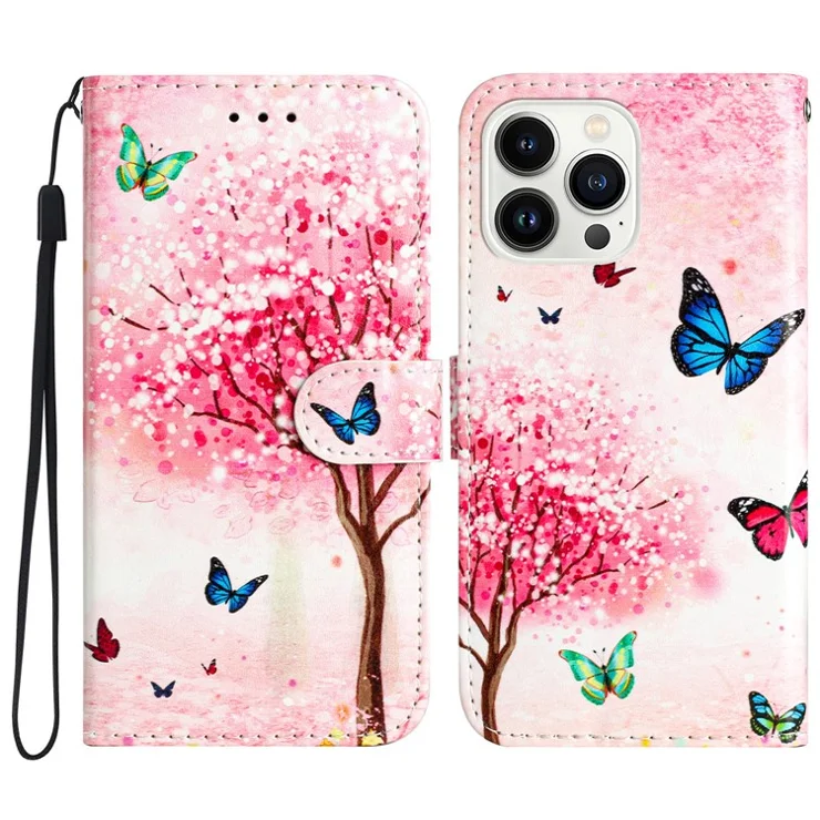 For iPhone 16 Pro Max Case Card Slot Holder Leather Phone Cover Cute Pattern - Cherry Blossoms Tree