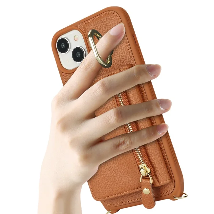 For iPhone 14 / 13 Case Litchi Texture Card Bag Leather+TPU Crossbody Phone Cover with Ring Kickstand - Brown