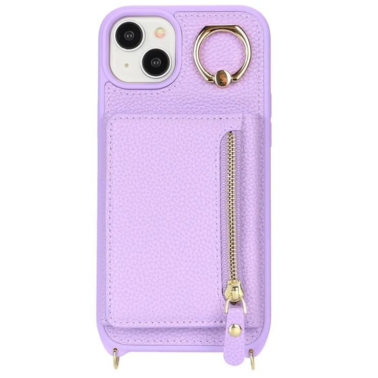 For iPhone 14 / 13 Case Litchi Texture Card Bag Leather+TPU Crossbody Phone Cover with Ring Kickstand - Purple