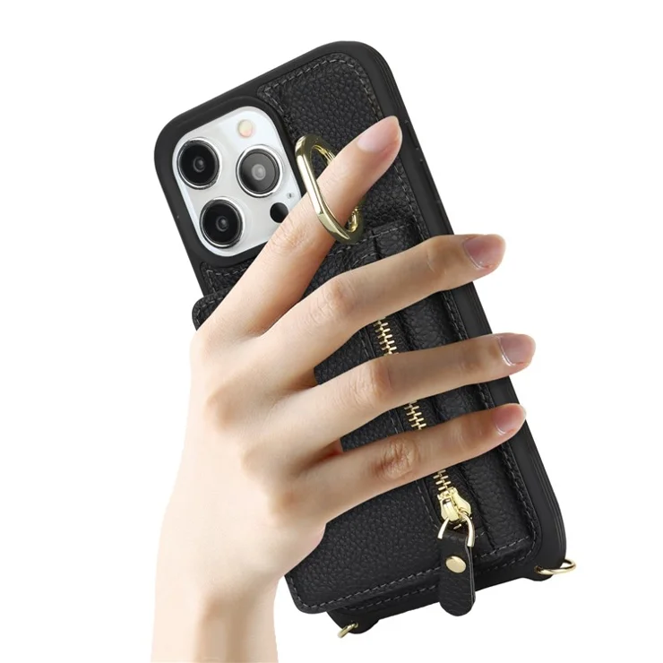For iPhone 14 Pro Max Case Card Holder Wallet Leather+TPU Crossbody Phone Cover with Ring Kickstand - Black