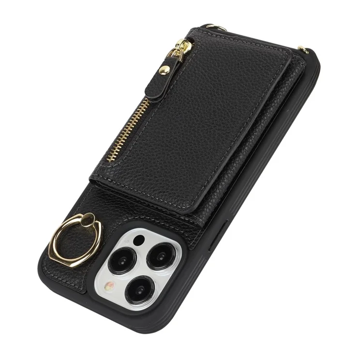 For iPhone 14 Pro Max Case Card Holder Wallet Leather+TPU Crossbody Phone Cover with Ring Kickstand - Black