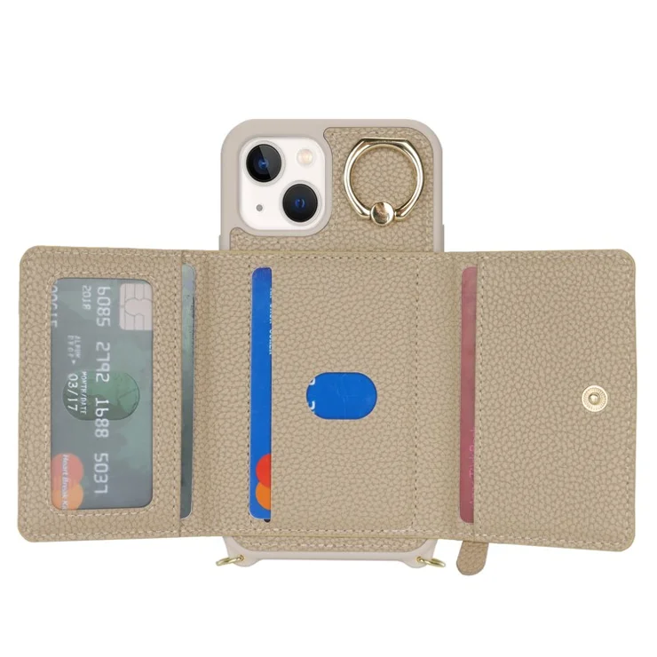 For iPhone 13 mini Case Card Bag Zipper Pocket Leather+TPU Ring Holder Phone Cover with Long Strap - Beige