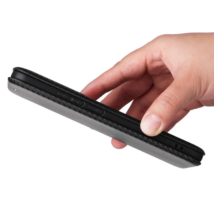 For Oppo Reno12 5G (Global) Case Card Holder Carbon Fiber Texture Leather Cell Phone Cover - Black