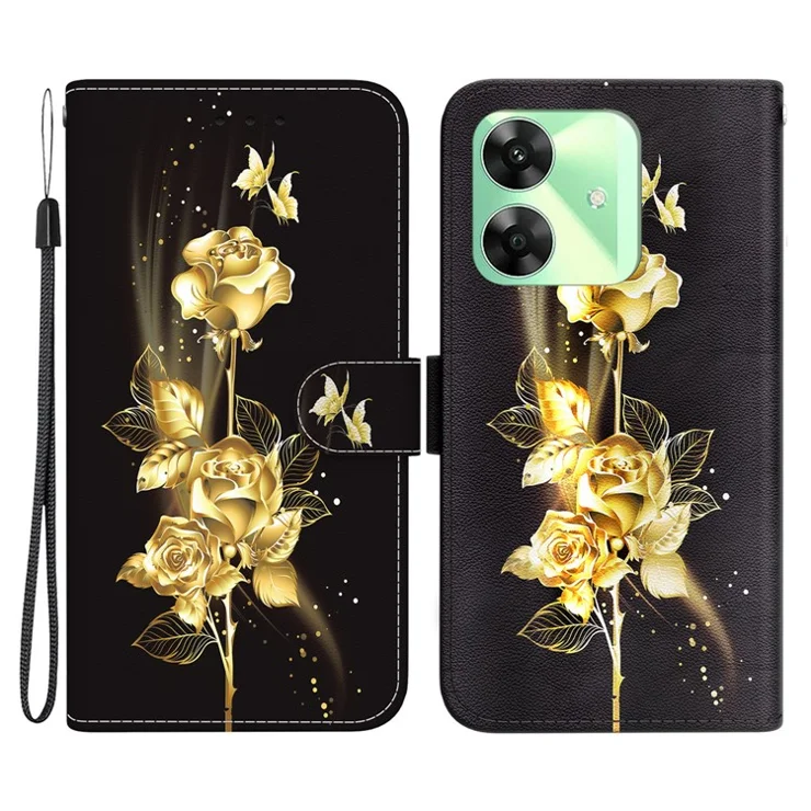 For Realme Note 60x 4G / C63 4G / C61 4G / Narzo N63 4G Wallet Case Pattern Print Leather Phone Cover - Gold Butterfly Rose