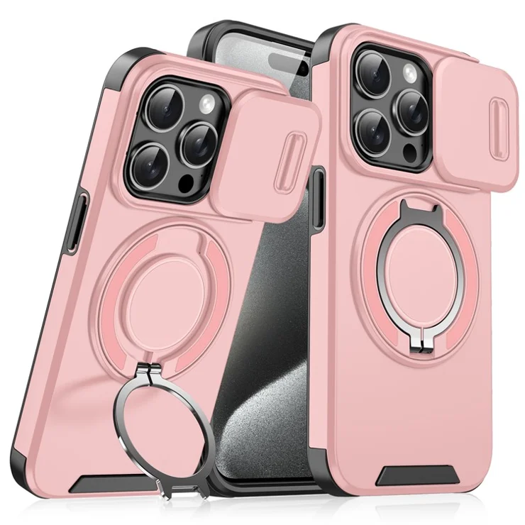 For iPhone 15 Pro Max Kickstand Case TPU+PC Magnetic Phone Case with Camera Lens Slide Cover - Pink