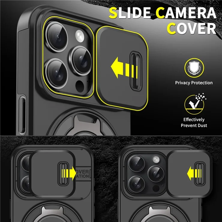 For iPhone 15 Pro Max Kickstand Case TPU+PC Magnetic Phone Case with Camera Lens Slide Cover - Pink