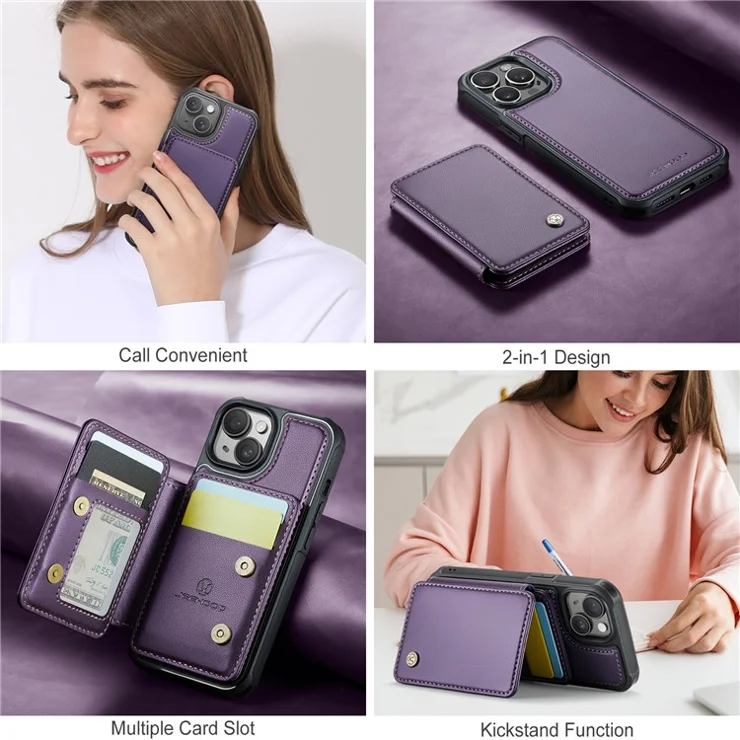 JEEHOOD J05 For iPhone 15 Plus Case Leather Mobile Cover with Detachable Magnetic Card Bag - Purple
