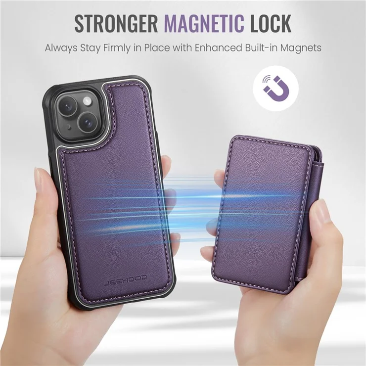 JEEHOOD J05 For iPhone 15 Plus Case Leather Mobile Cover with Detachable Magnetic Card Bag - Purple