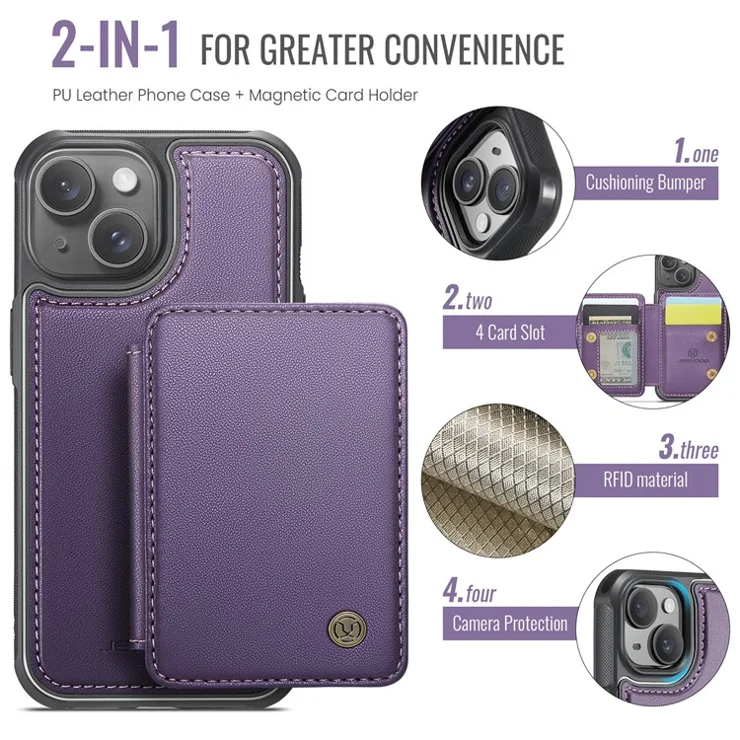 JEEHOOD J05 For iPhone 14 Plus Case Leather Mobile Cover with Detachable Magnetic Card Bag - Purple