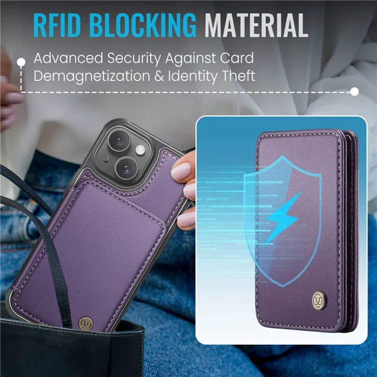 JEEHOOD J05 For iPhone 14 Case Leather Mobile Cover with Detachable Magnetic Card Bag - Purple