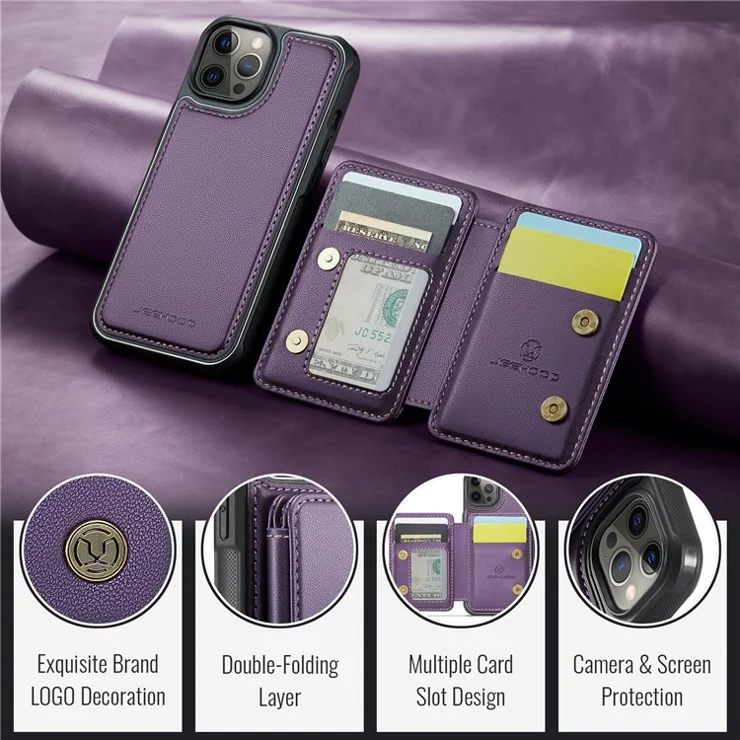 JEEHOOD J05 For iPhone 12 Pro Max Case Leather Mobile Cover with Detachable Magnetic Card Bag - Purple