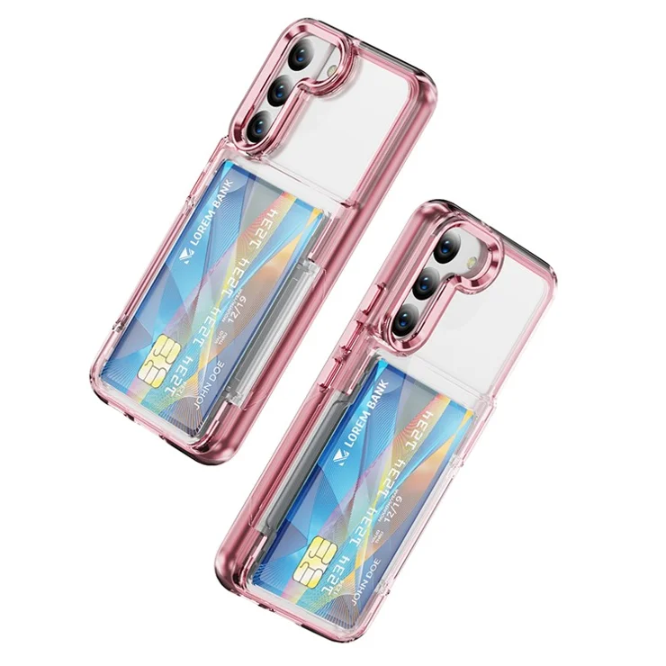 For Samsung Galaxy S22 5G Case TPU + Acrylic Phone Protector Card Holder Flip Cover Kickstand - Transparent Pink