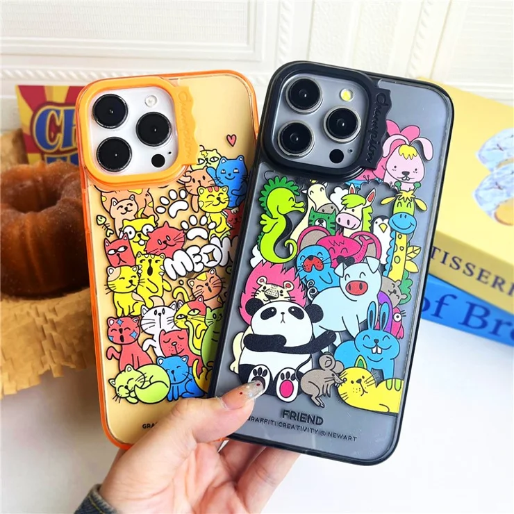 For iPhone 14 Pro Case Cute Pattern PC + TPU Phone Cover Anti-Scratch - Black / Animals