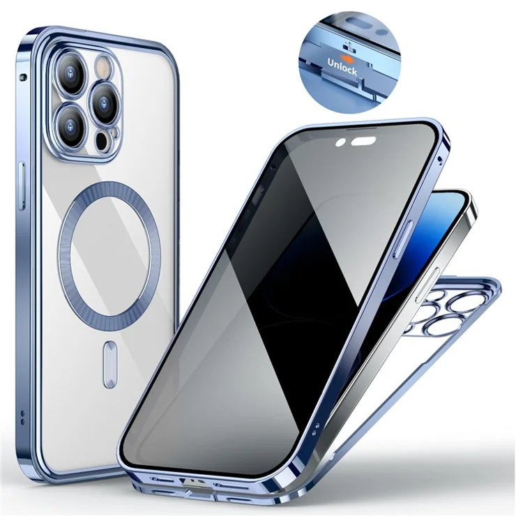 For iPhone 14 Pro Max Case Tempered Glass+PC Anti Peep Magnetic Phone Cover Clear Back - Blue