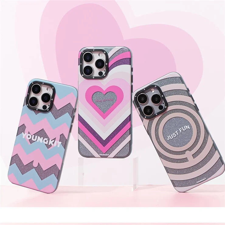 YOUNGKIT Dazzling Series For iPhone 15 Pro Case Hard PC Pattern Phone Cover Compatible with MagSafe - Heart