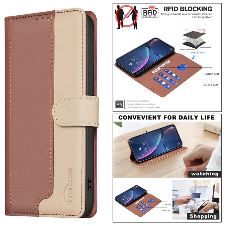 BINFEN COLOR BF33 For Xiaomi Redmi Note 13 5G Leather Case Splicing Color Wallet Cover - Brown