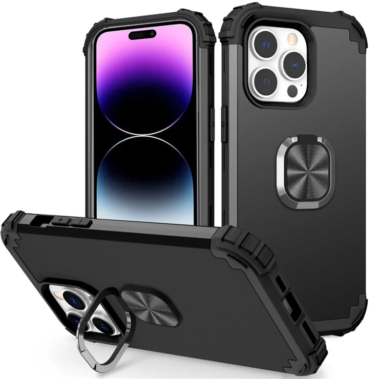 For iPhone 14 Pro Max L-Style Phone Case with Ring Holder Kickstand Protective Phone Back Cover - Black