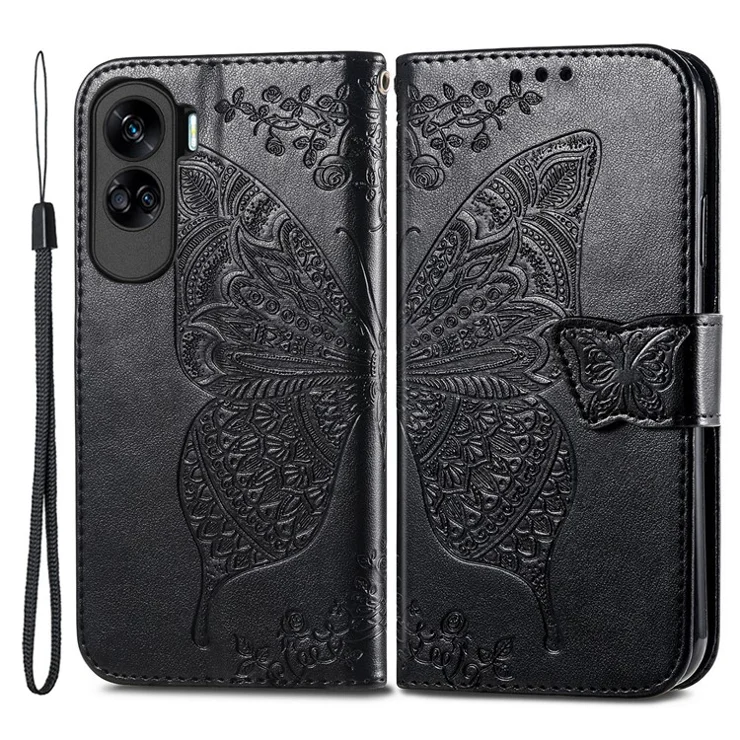 For Honor 90 Lite 5G Case Wallet Butterfly Flower PU Leather Phone Cover - Black