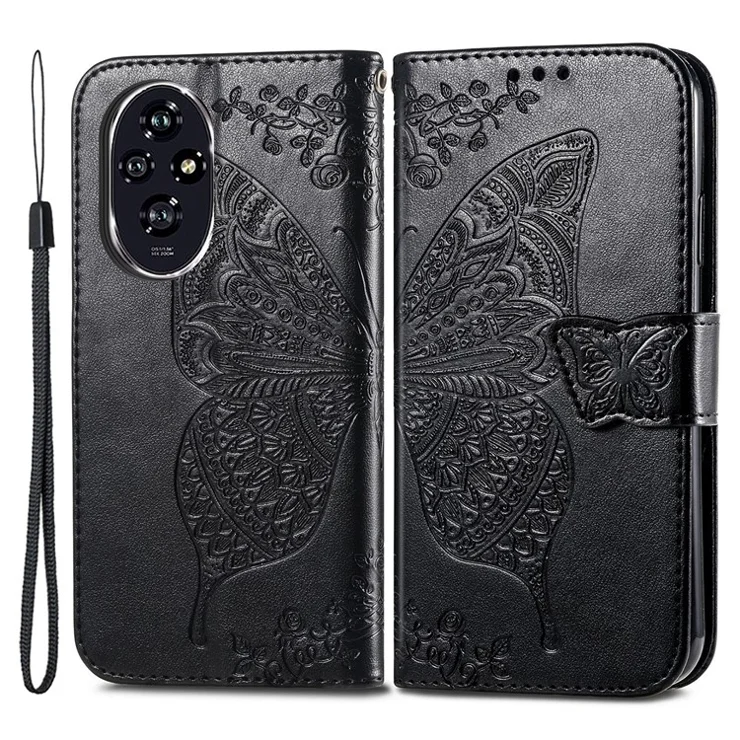 For Honor 200 Pro 5G Case Wallet PU Leather Phone Cover Imprinted Butterfly Flower - Black
