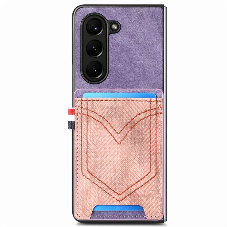 For Samsung Galaxy Z Fold6 5G Case Leather+PC Phone Cover with Denim Texture Card Holder - Purple