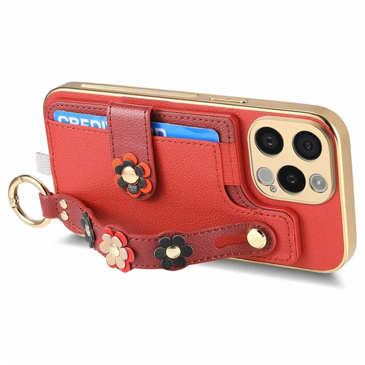 W2 For iPhone 15 Pro Max Case Wristband Leather Back Cover 3D Flower Decor - Red