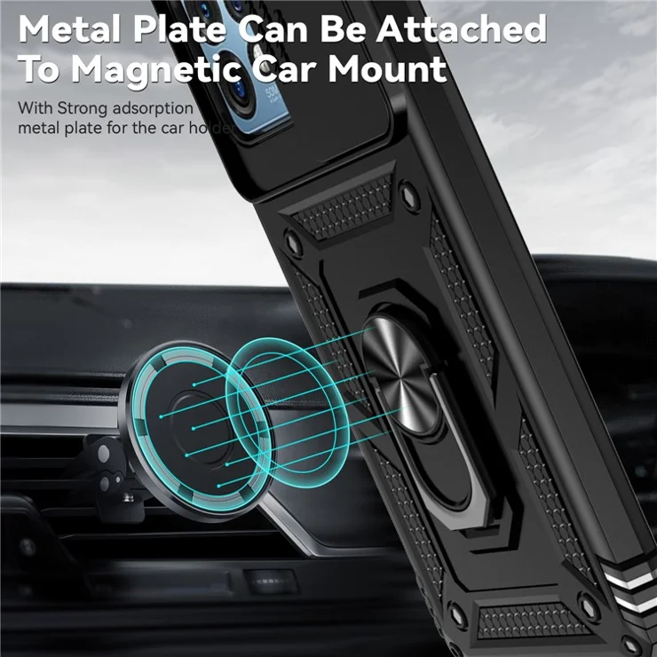 For Motorola Moto X40 Pro / Edge+ (2023) Case Ring Kickstand PC+TPU Phone Protector with Slide Camera Cover - Black