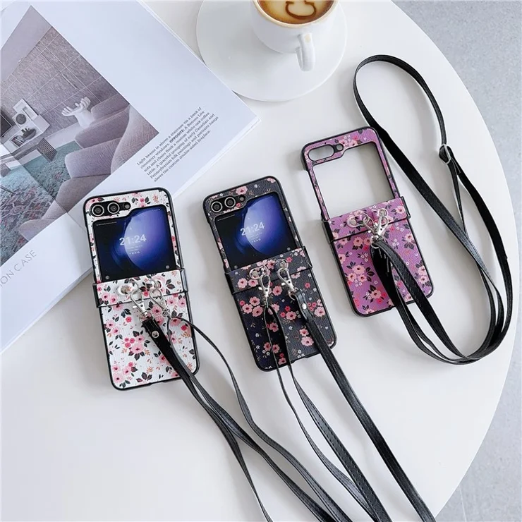 For Samsung Galaxy Z Flip6 5G Small Flowers Pattern PU Leather Coated PC Phone Cover with Crossbody Strap - White