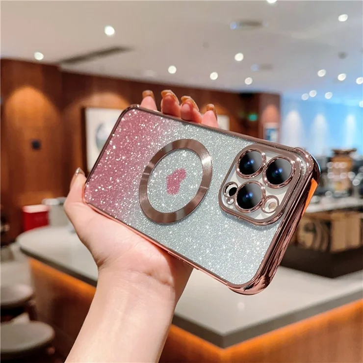 For iPhone 13 Pro Max Case Gradient Sparkle TPU Phone Cover Compatible with MagSafe - Rose Pink