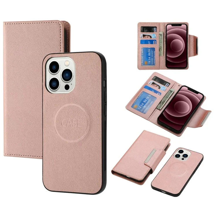 For iPhone 16 Pro Max Wallet Case PU Leather Detachable Phone Cover - Rose Gold