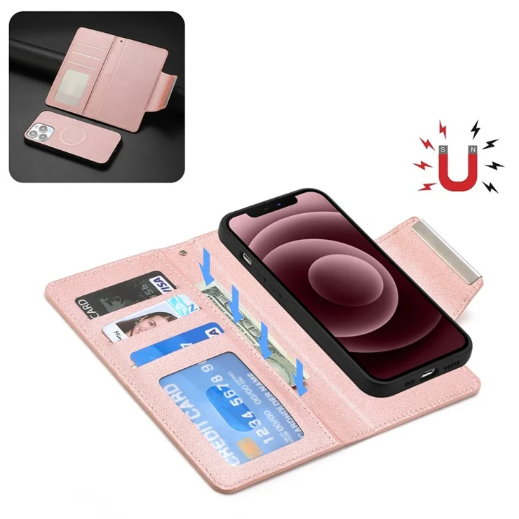 For iPhone 16 Pro Max Wallet Case PU Leather Detachable Phone Cover - Rose Gold