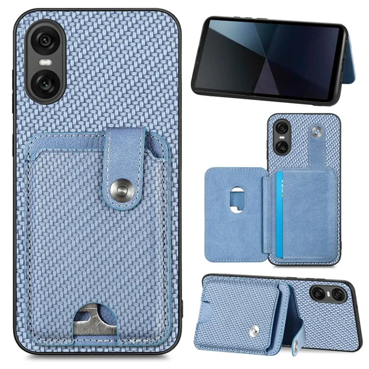 Style B C1-06 For Sony Xperia 10 VI Case Kickstand Card Slot Phone Cover Carbon Fiber Texture - Blue