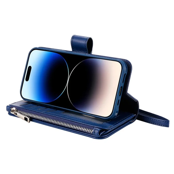 For iPhone 14 Pro Max Magnetic Leather Case Mobile Cover with Detachable Zipper Wallet Strap - Blue