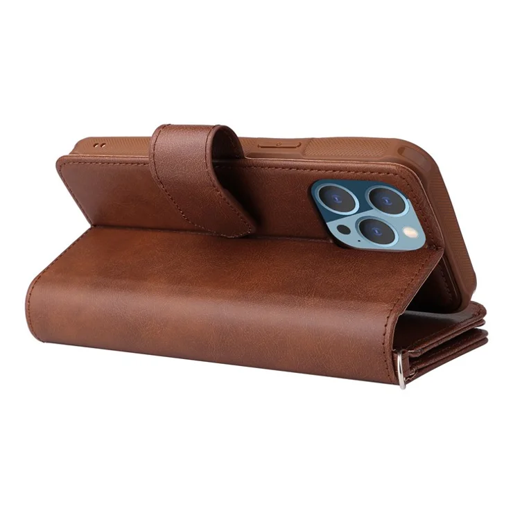 For iPhone 14 Pro Max Magnetic Leather Case Mobile Cover with Detachable Zipper Wallet Strap - Brown