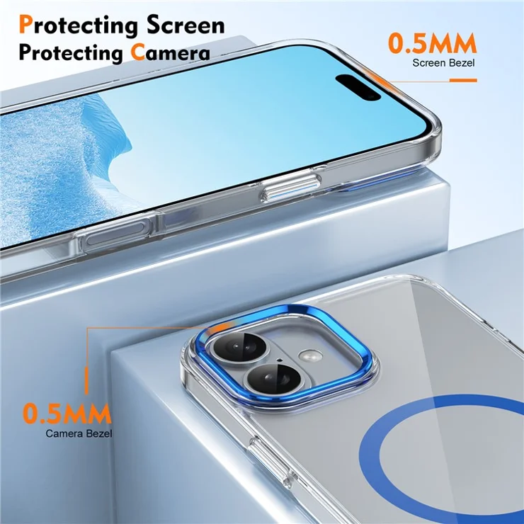 For iPhone 16 Plus Magnetic Case Clear Anti-Scratch PC Hard Cover - Blue