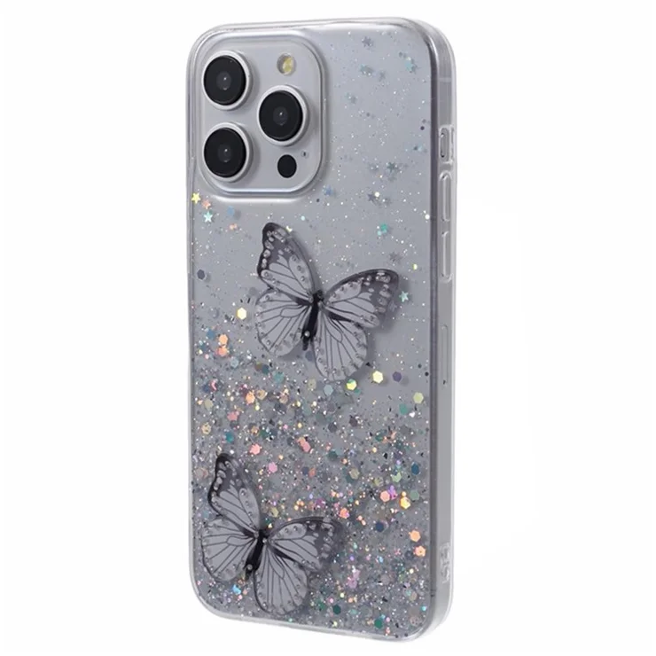 WANLONFENG AW Series for iPhone 14 Pro Max Case Epoxy Butterfly TPU Cute Phone Cover with Screen Protector - White