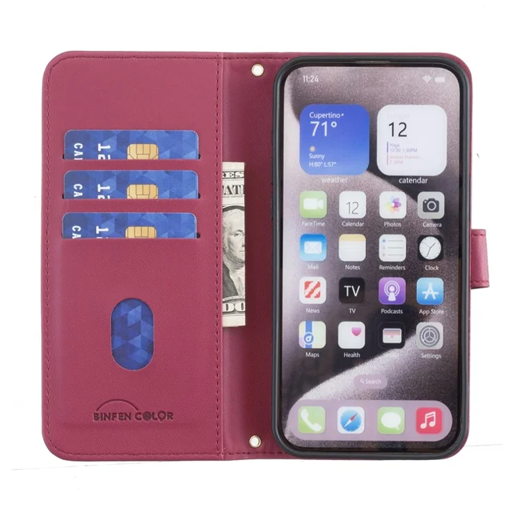 BINFEN COLOR BF34 for iPhone 14 Pro Max Case Square Grid Pattern Wallet Leather Cover - Red
