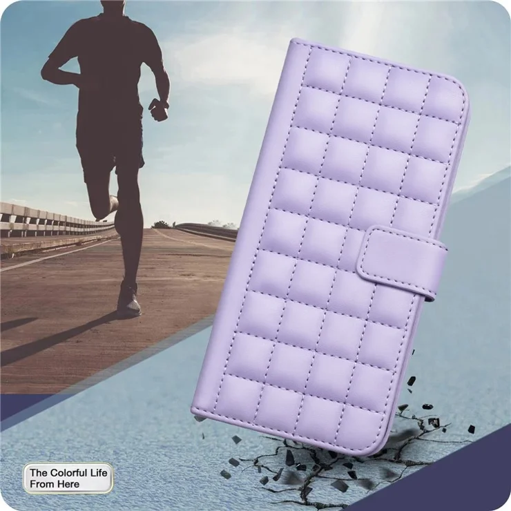 BINFEN COLOR BF34 for iPhone 14 Pro Max Case Square Grid Pattern Wallet Leather Cover - Light Purple