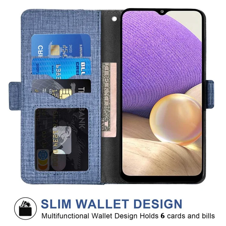 For Samsung Galaxy A13 4G, Anti-scratch Jean Cloth Texture Phone Wallet Case Magnetic Closure PU Leather Phone Flip Cover Stand with Rotating Card Slots - Blue