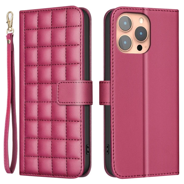 BINFEN COLOR BF34 for iPhone 15 Pro Leather Case Square Grid Mobile Phone Cover - Red