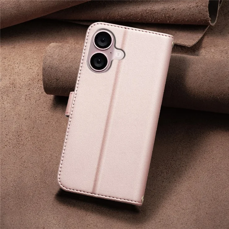 BINFEN COLOR BF34 for iPhone 16 Plus Wallet Case Square Grid PU Leather Phone Cover - Rose Gold