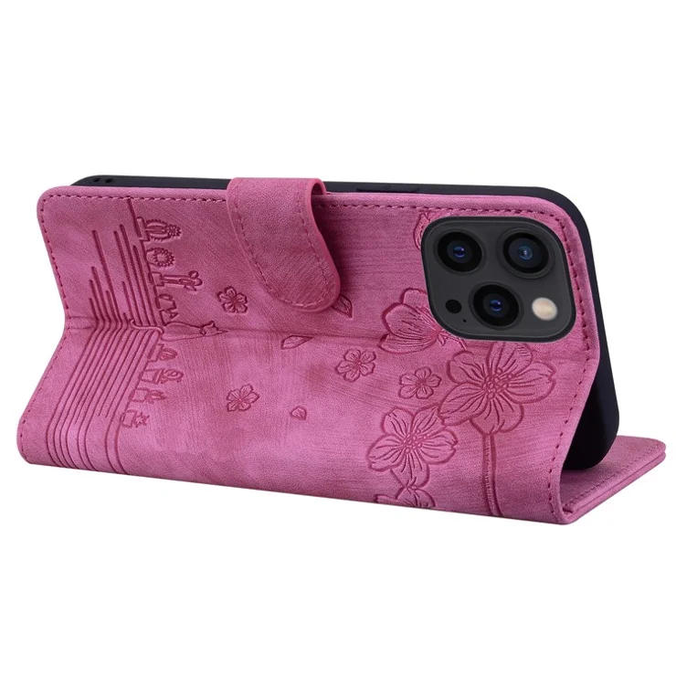 For iPhone 16 Pro Max Case Flip Stand Leather Phone Cover Cherry Blossom Cat Imprinted - Rose