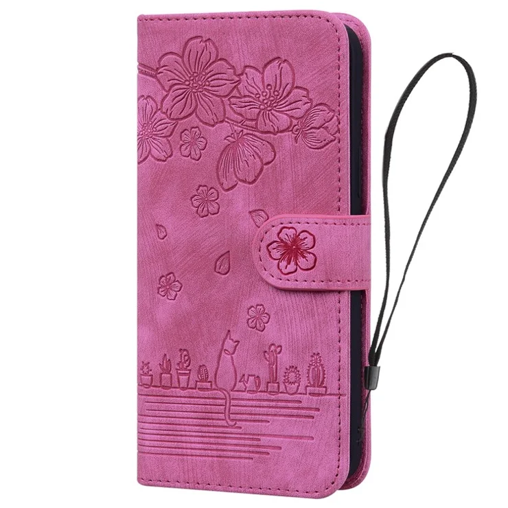 For iPhone 16 Pro Max Case Flip Stand Leather Phone Cover Cherry Blossom Cat Imprinted - Rose