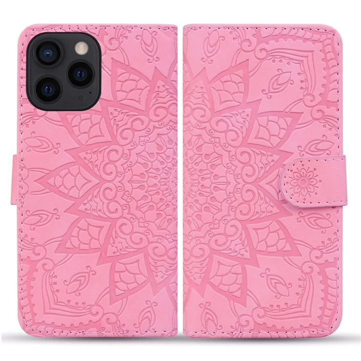 For iPhone 16 Pro Max Case PU Leather Wallet Flip Phone Cover Flower Imprinted - Pink